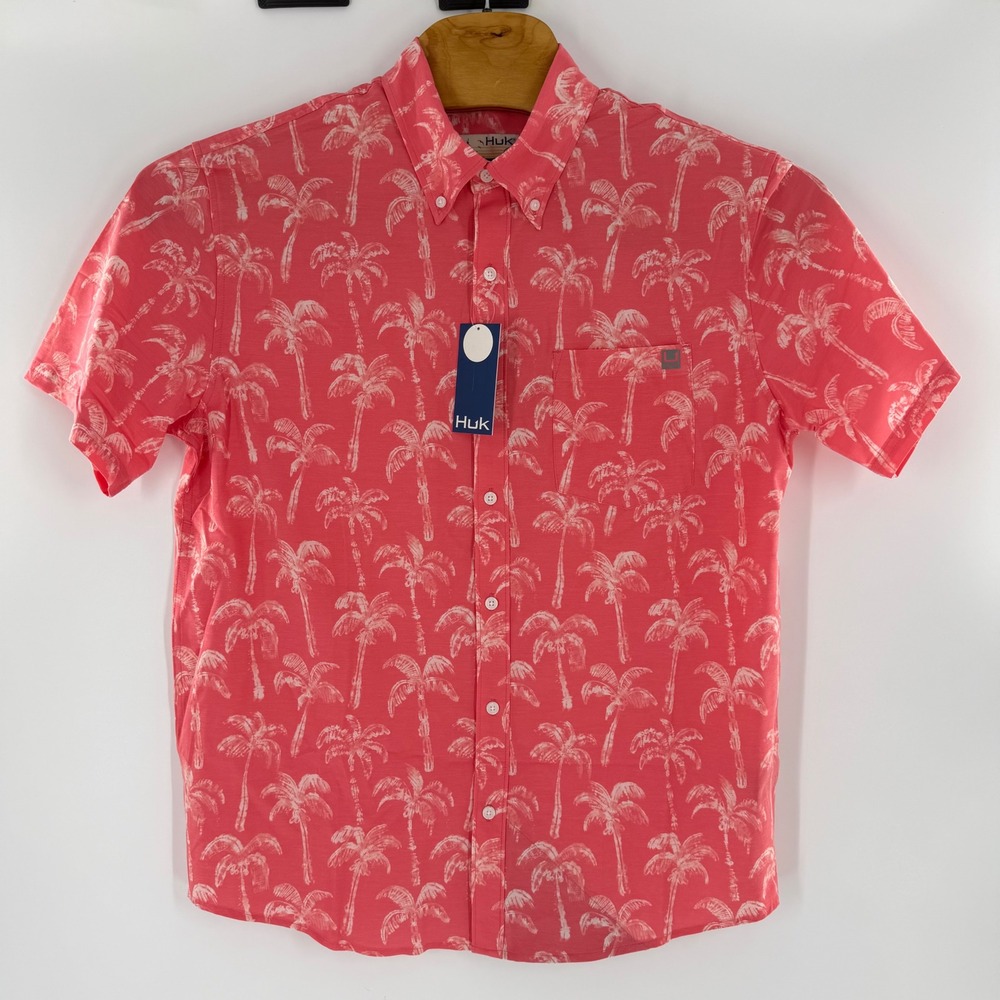 Huk Mens Kona Palm Wash Short Sleeve Button Down Shirt Coral Pink Large H1500160
